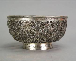 Antique 19thC Chinese Export Silver Open-Work Heron Footed Bowl
