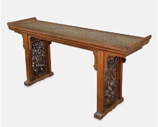 Antique 19thC Chinese Carved Hardwood and Marble Altar Table w/Open Fretwork
