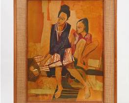Seah Kim Joo Signed Batik Framed Painting on Cloth MOTHER AND DAUGHTER
