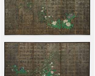 Large Antique Asian Six-Panel Screen PAIR White Roses on Silver Gilt Squares w/Box
