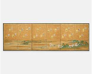 Antique Japanese 18thC Six-Panel Wall Screen TALES OF GENJI STORY
