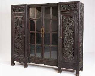 Vintage 1930s Chinese Carved Wood Bookcase Display Cabinet
