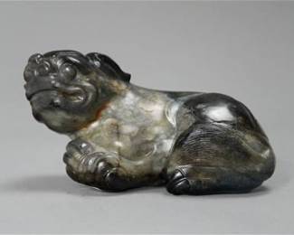 Antique Chinese Carved Multi-Colored Jade Recumbent Mythical Beast
