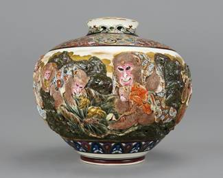 Antique Japanese Meiji Satsuma Kyotoware Carved Monkeys Crabs and Fruit Vase
