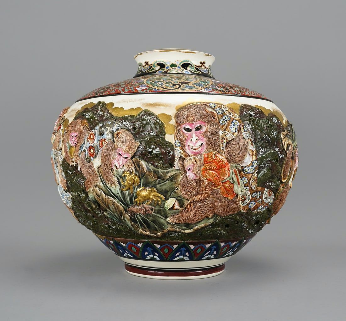 Antique Japanese Meiji Satsuma Kyotoware Carved Monkeys Crabs and Fruit Vase
