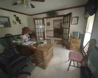 Oak Desk, file cabinets, home decor