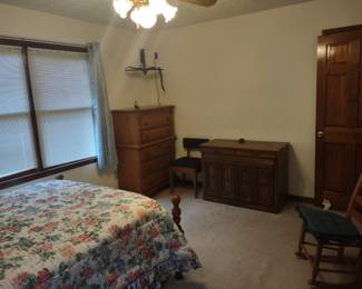 Oak Queen bedroom set with sewing cabinet & chair and rocker 