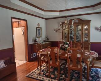 American Drew Oak Formal Dining Room table, 6 chairs, china cabinet, and hunt board.