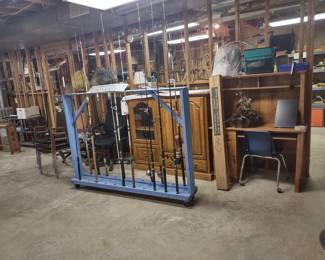 Kincaid Solid Oak TV Cabinet, desk, chairs, Fishing rods and reels