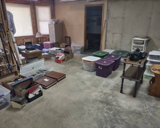 Cassette tapes in briefcases, totes with punch bowl, crystal, tea kettles, misc items.