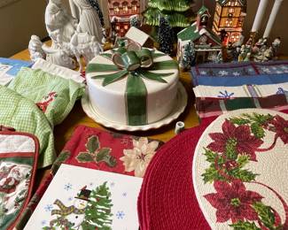 Christmas tree, cake cover, linens, villages