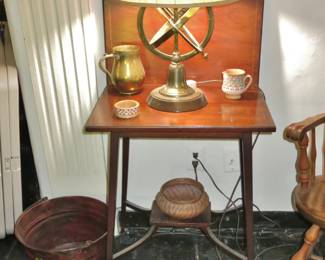 Edwardian Inlaid Flip-Top Table w/ a Brass Armillary Lamp
