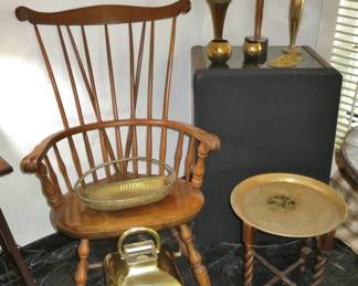 Tall Nichols Brace-Back Windsor Armchair w/ Large Brass Lantern; Brass Tray on Turned Stand