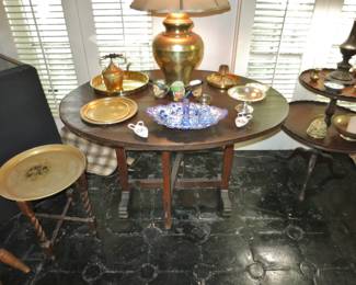 Antique Tilt-Top Dark Oak Wine Table; Engraved Brass Tray on Stand; Brass Lamp