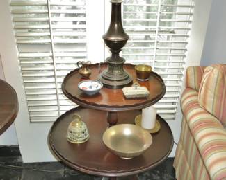 Vintage Mahogany Dumbwaiter w/ misc. Brass Items