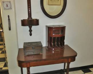 Antique Sheraton-Style Mahogany Game Table; Hotel Desk Telegram Box; Mail & Key Rack; Antique Mahogany-Frame Oval Beveled Mirror