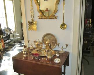 Mahogany Drop-Leaf Bar Cart; Florentine-Style Gilt Ribbon Mirror; Sterling Candelabras, etc.