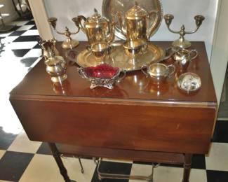 Mahogay Drop Leaf Bar Cart w/ Silverplate Tea Service; Art Nouveau Sterling Sugar Bowl w/ Ruby Glass Liner; Sterling Sugar & Creamer Set; Pair Sterling Silver Candelabras