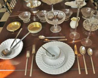 White Swirl Dinner Service for 12; Mid-Century "Obelisk" Danish Stainless Flatware for 16 - Flatware SOLD
