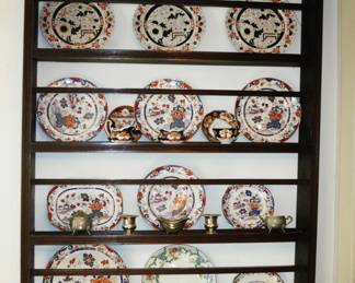 Antique English Imari-Style Plates & Center Bowl; 2 Sterling Cigarette / Toothpick Cups on an Antique Dark Oak Plate Rack