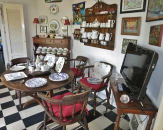 Set 4 Provincial Armcairs; Antique Dark Oak Gate Leg Breakfast Table; Oak Wall Hutch; Maple Mini-Hutch / Cabinet; Rooom Full of Noah's Ark Collectables