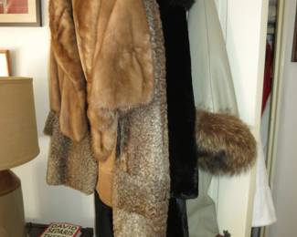 1960's Vintage Black Sheared Beaver Coat w/ Mink Collar; Champagne Persian Lamp Coat; Fur Trim Leather Coat; 1960's Mink Stole