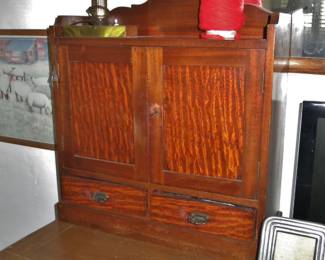 Antique Mahogany Table-Top Cabinet; Brass Boilette Lamp