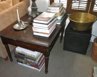 Antique Dark Oak Side Table; Antique Brass Bucket; Antiqe Pewter Chamber Stick