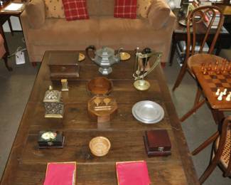Antique Oak Coffee Table w/ Swivel Folding Top.  May have been a Dining Table once); Corduroy Loveseat; Pair Bentwood Side Chairs; Bone Chess Set; Tole Boxes, etc.