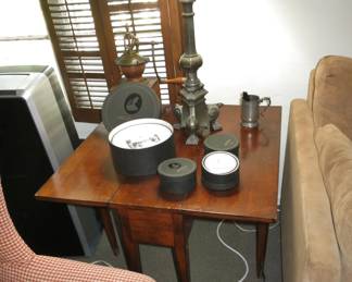 Antique Federal-Style Drop Leaf Side Tabl; Pair of Vintage Pester Candlestick Lamps; Vintage Coffee Mill, Antique Pewter Cup