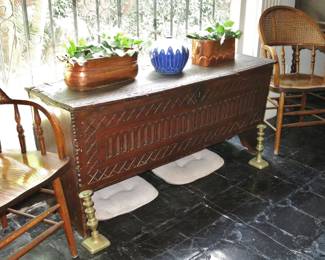 18th. C.-Style Dark Oak Coffer w/ Hand-Wrought Copper Planters; Chinese-Style Spice Jar