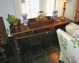 Antique Dark Oak School Bench; Antique Brass Coffee Pot on Stand, etc.