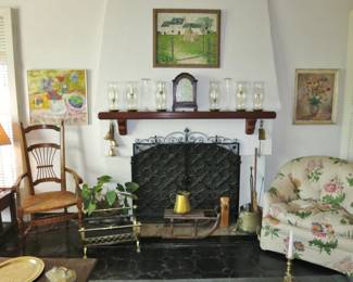 Antique Slat-Back Rush Seat Armchair; Brass Log Caddy; Vintage Wooden Sleigh; Down Armchair; Set 6 Hurricanes; Pair Venetian Vases / Candlesticks; etc.