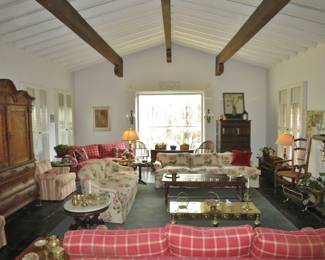 Very Long Down Sofa w/ Matching Loveseat & Armchair; Red Plaid Down Sofa & Loveseat; 2 antique Dark Oak Tilt-Top Wine Tables; Large Antique Chest; Collection of Vintage  Antique Brass Items