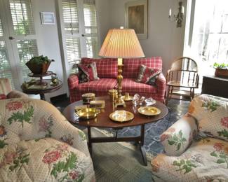 Antique Dark Oak Tilt-Top Wine Table; Red Plaid Down Loveseat