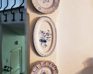Collection of Faience-Style Pottery, Platters, Dishes, Cups, etc.