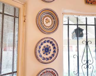 Collection of Faience-Style Pottery, Platters, Dishes, Cups, etc.