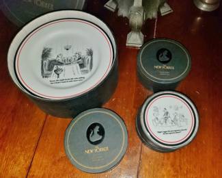 Box Set of New Yorker Cheese Plates and Two Boxes of New Yorker Coasters
