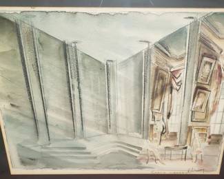 "The Curtis Library" Orig. Watercolor Scenic Rendering by R. Alswang of the Broadway play "The Advocate" by Robert Noah.
