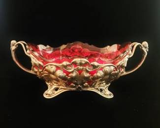 Art Nouveau Sterling Silver Sugar Bowl w/ Ruby Glass Liner