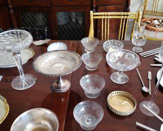 Set of  Twelve 1920's Crystal Compotes; Pair of Vintage Pierced Silverplate Compotes, etc.