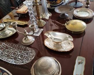 Misc. Fine Tableware; Two Antique Silverplate Butter Domes; Three Silverplate Gravy Boats; Two Vintage Silverplate Silent Butlers; Pair Square Crystal Candelsticks, etc.