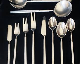 Fabulous Mid-Century Stainless Flatware, "Obelisk" Pattern designed by Erik Herlow, Copenhagen; Large  Service for 12 with Additional Pieces