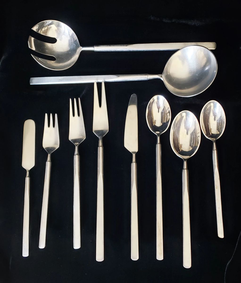 Fabulous Mid-Century Stainless Flatware, "Obelisk" Pattern designed by Erik Herlow, Copenhagen; Large Service for 12 with Additional Pieces