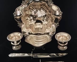 Antique Sterling Silver Bowl; Sterling Footed Candy Dish; Pair of Sterling Cigarette "Toothpick Cups," George Jensen-Style Sterling Carving Set