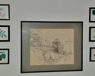 "Country Cottage" Vintage Print by Edward Caswell along with 6 Original Xmas Card Lithos by Peter Orlando, listed