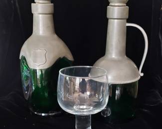 Vintage French Pewter & Green Glass Pinched Decanter, w/ a set of Heavy Stemmed Wine Glasses (several different kinds of those)