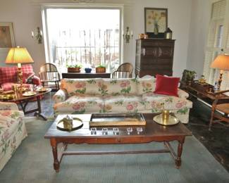 Antique Dark Oak JOacobean-Style Coffee Table and a 7 Foot Down Sofa