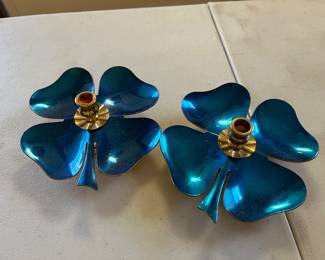 MCM enameled blue shamrock candle holders
