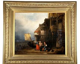 WILLIAM FERRANT (BRITISH, 19TH CENTURY) | "Harborscape" . 15 x 18 in. Oil on canvas; relined. Showing fisherwomen by sea shanties. Signed lower right "W. Ferrant" - w. 25 x h. 22 in (frame)